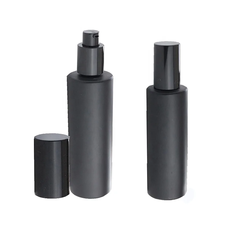 Fancy empty cylinder round 30ml 50ml 60ml 100ml 120ml matte black glass cosmetic emulsion bottles packaging with pump (GLC09)