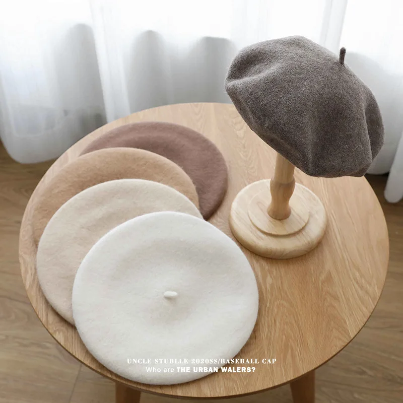 14 Color Stock OEM Service Custom Embroidery 100% Wool Beret Hat For Women French Beret