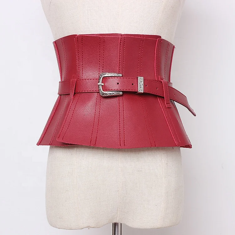 Vintage Fashion Wide Faux PU Leather Ladies Waistband Breast Peplum Dress Women Corset Tops with Belt