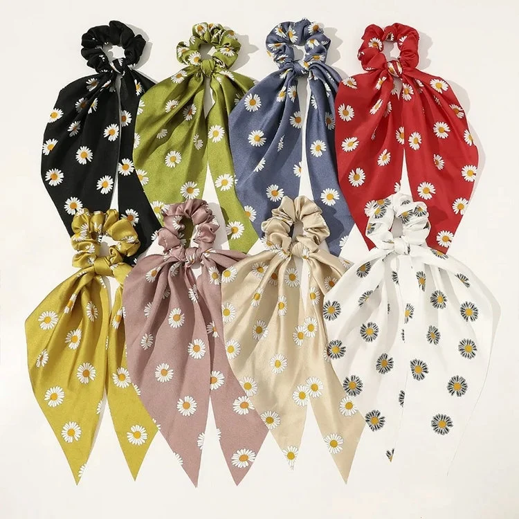 Printed Long Skinny Scarf Personalized Design Cheap Hair Scrunchie Green Yellow Girls Ponytail Holder Elastic Hair Tie