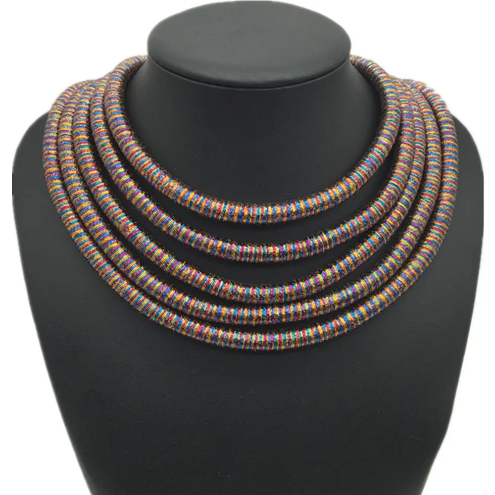 Exaggerated Multilayered Braided Rope Necklace Women Handmade Collar Choker Necklaces Magnet Button Indian African Jewelry