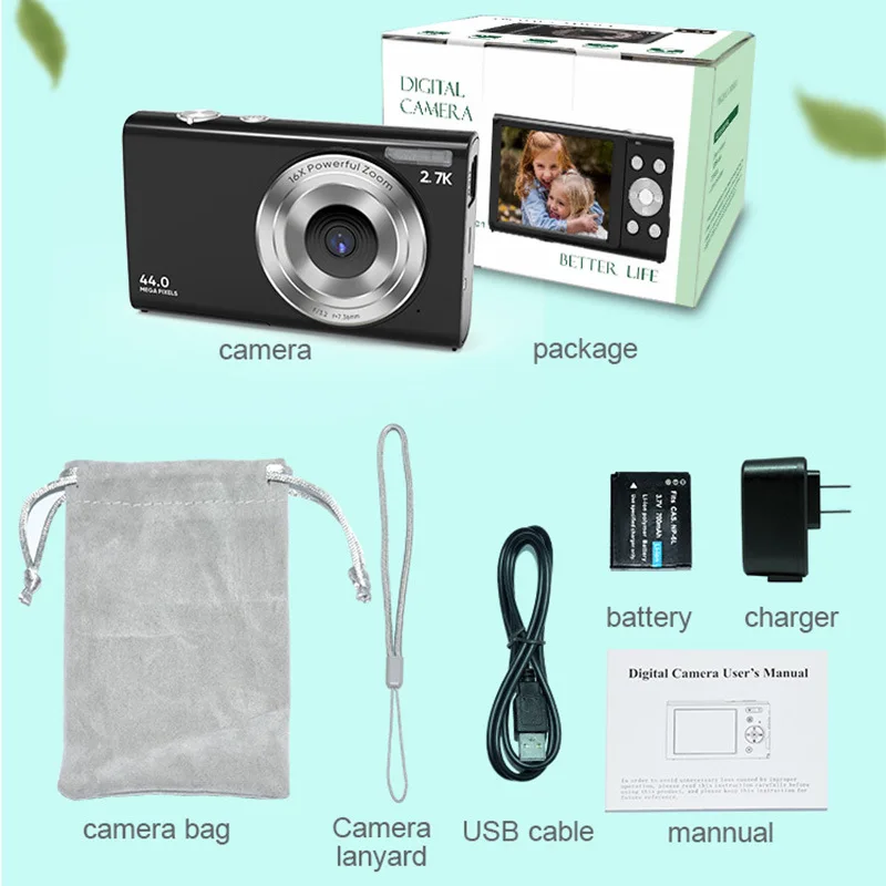 Digital Camera 2.7K HD 44MP Vlogging Camera with 16X Digital Zoom,Compact Pocket Camera with Fill Light for Kids Teens