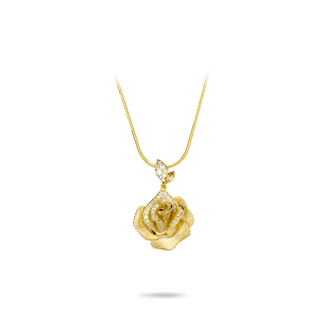925 Sterling Silver Synthetic Zircon Pendant with Gold Plated Wire Drawing Twilight City Rose Petals Luxury Necklace