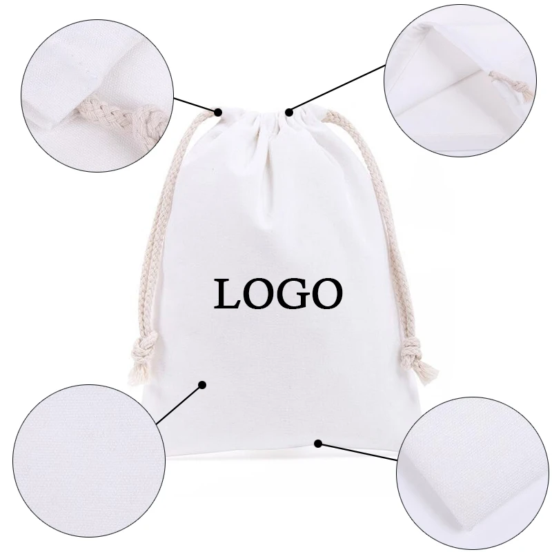 High quality 100% small large fair trade linen organic custom print muslin cotton canvas drawstring bag white