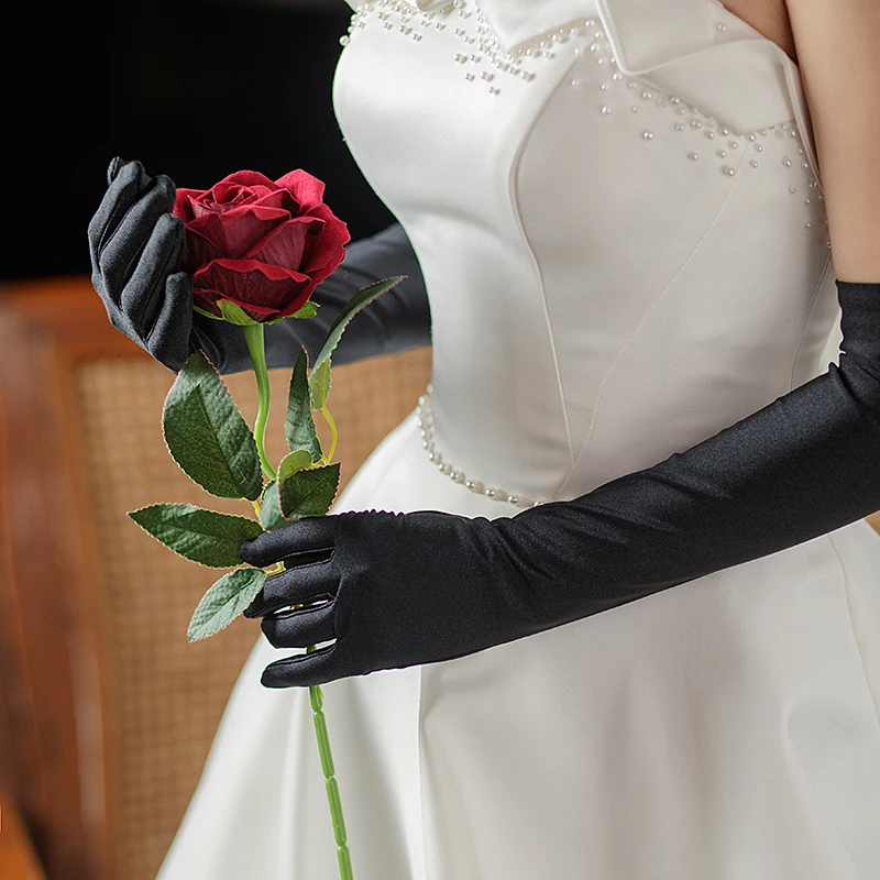 WG068 Elegant Wedding Bridal Black Gloves Full Long Satin Brides Bridesmaid Prom Evening Parties Gloves Women Accessories