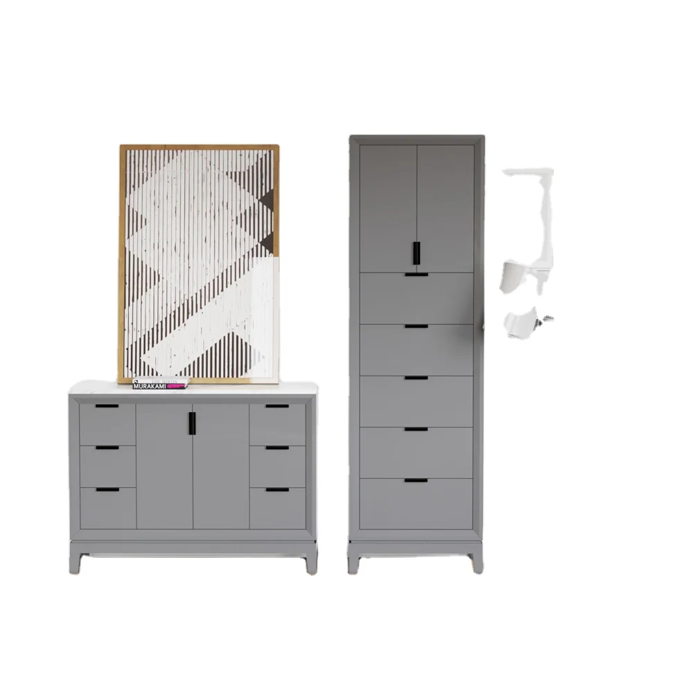 
living room modern wooden storage side cabinet with 2 door 5 drawer ,simple style gray washed wood tall cabinet 