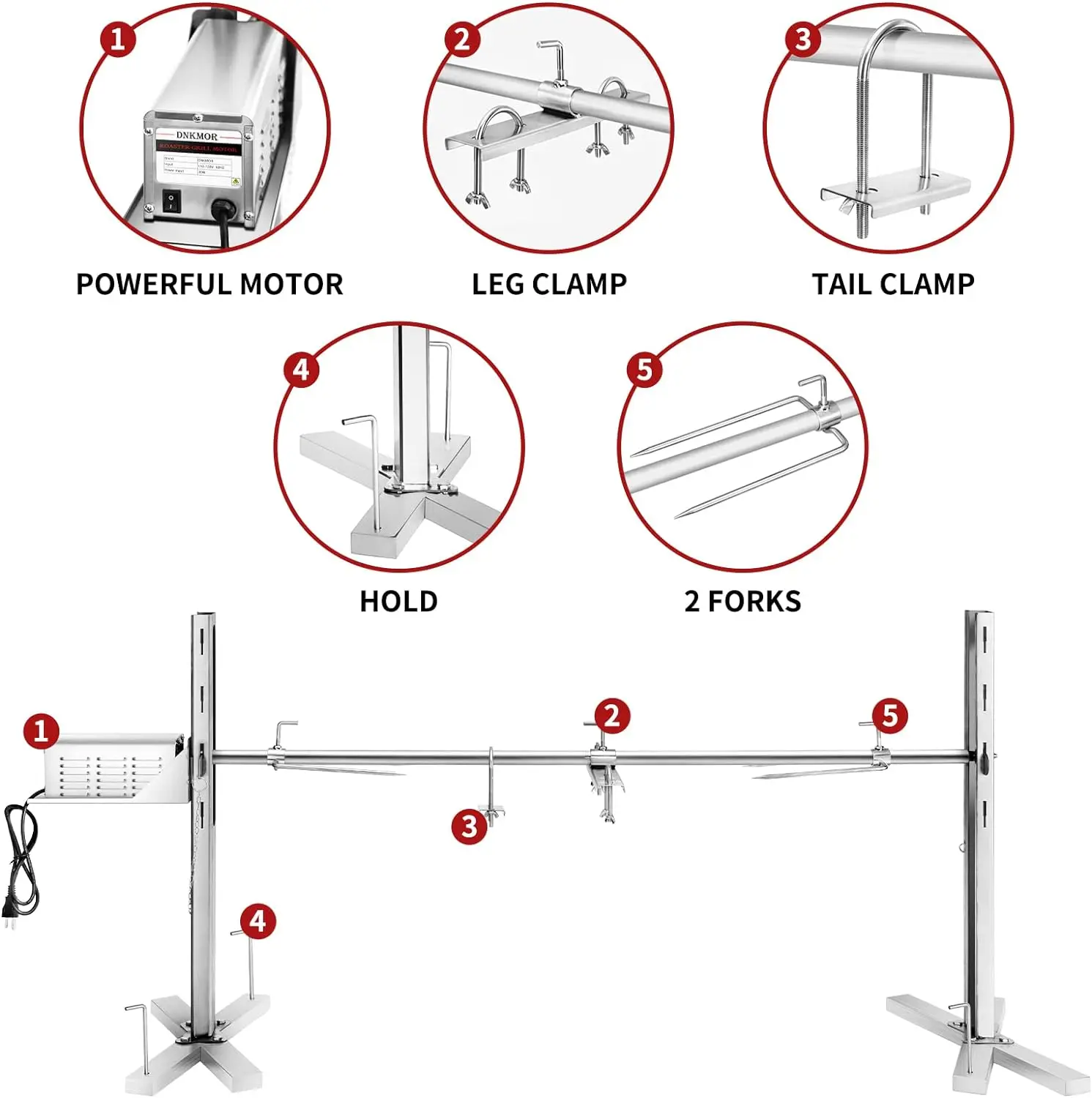Rotisserie Grill Kit Stainless Steel Tripod Rotisserie Stand, Pig Lamb Hooded Roaster Charcoal Spit with 30W Motor