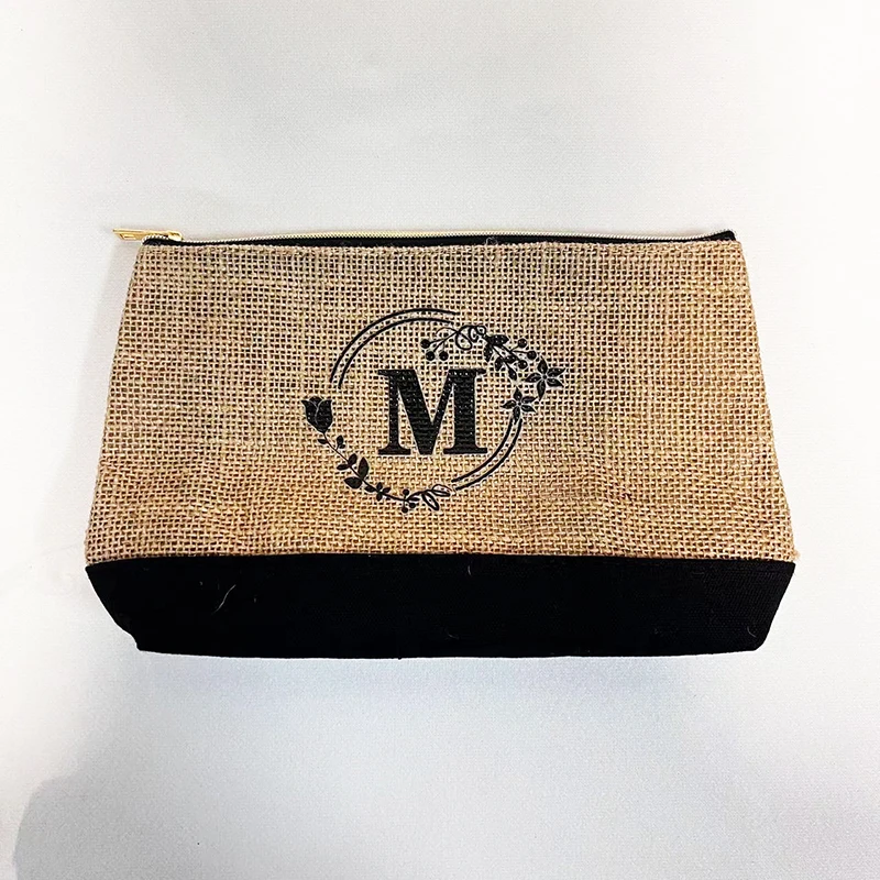 Portable Travel Toiletry Organizer Plain Blank Custom Logo Makeup Linen Pouch Jute Cosmetic Bag with Zipper
