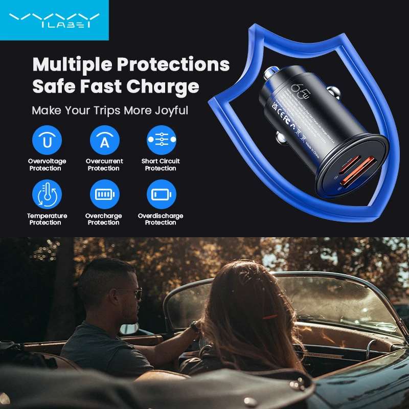 Vyvylabs 65W USB C Car Charger Fast Charging PD 65W Super Fast Charging Car Phone Charger Adapter Type C