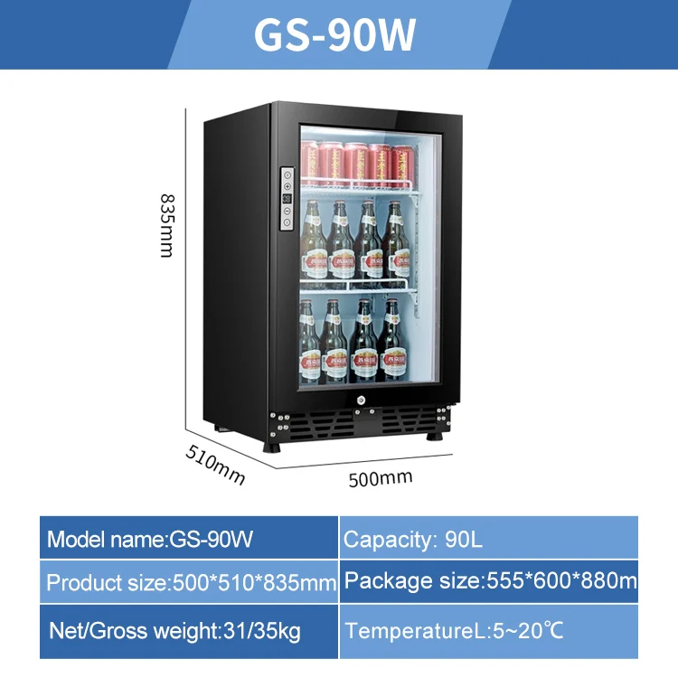 90L Beverage Beer Compact Display Showcase Black Color Manual Defrost Interior light Glass Door Wine Mini Fridge