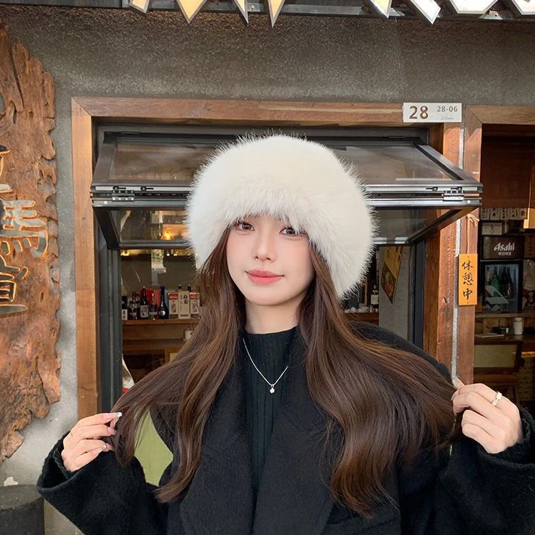Custom Fashion Lady Warm Outdoor Beret Cap European Stylish Winter Women Faux Fox Fur Beret Hat