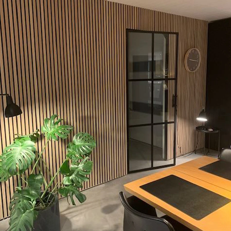 Black Wood Natural Oak Veneer Finish Akupanel Acoustic Panel Wooden Slat Wall Perforated Fiber Acoustic Panel
