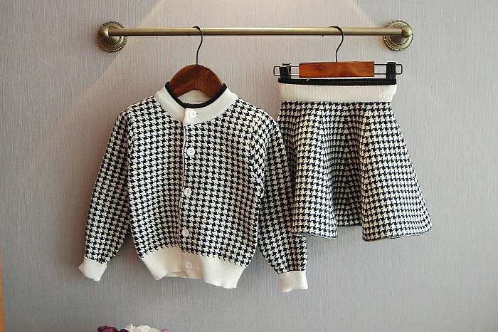 Autumn Plaid Knitted Houndstooth Kids Cardigan Girls Clothes Skirt 2 Pieces Children Suit Clothing Sets