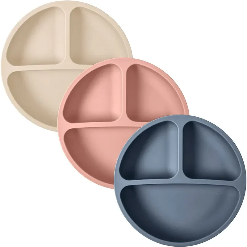Customized Food Grade Silicone Divided Baby Feeding Anti-Slip Round Food Plate with suction