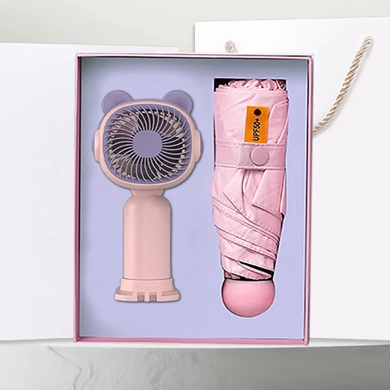 Hot Selling Mini Portable Fans Sun Umbrella Set Bank Giveaway New Product Gift Set Handheld Fan Umbrella Gift Set
