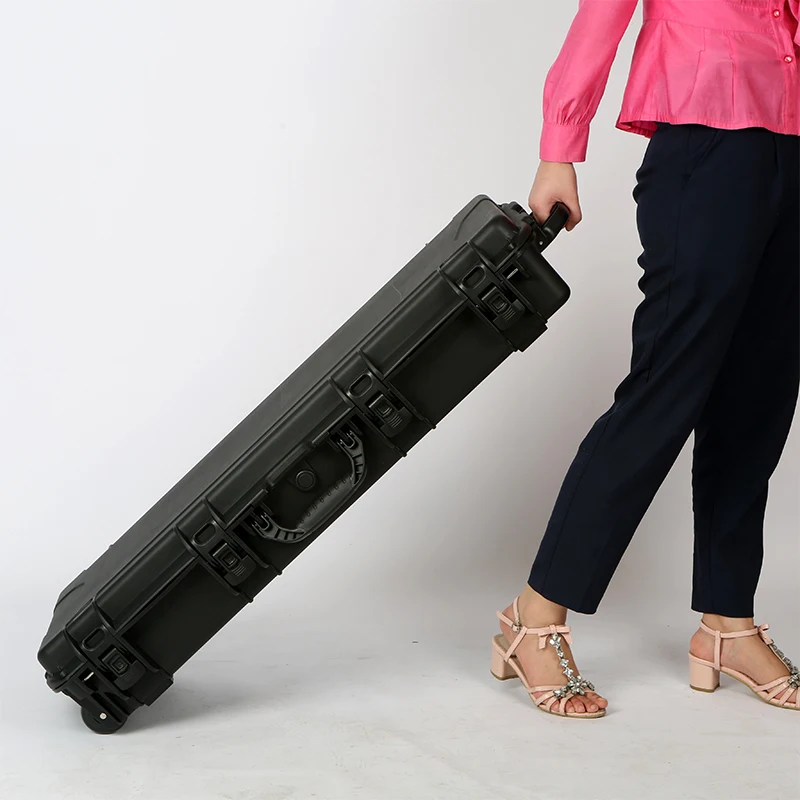shockproof safety military heavy duty long hard plastic trolley carrying gun case