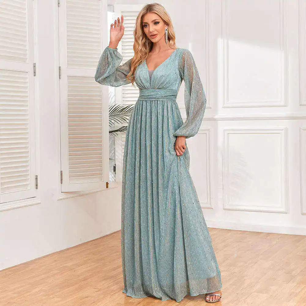 EP Spring Trendy 2024 Custom Oem Casual Bridesmaid Dresses Wedding Long Sleeve V -neck Shiny Stretch Evening Dress For Women