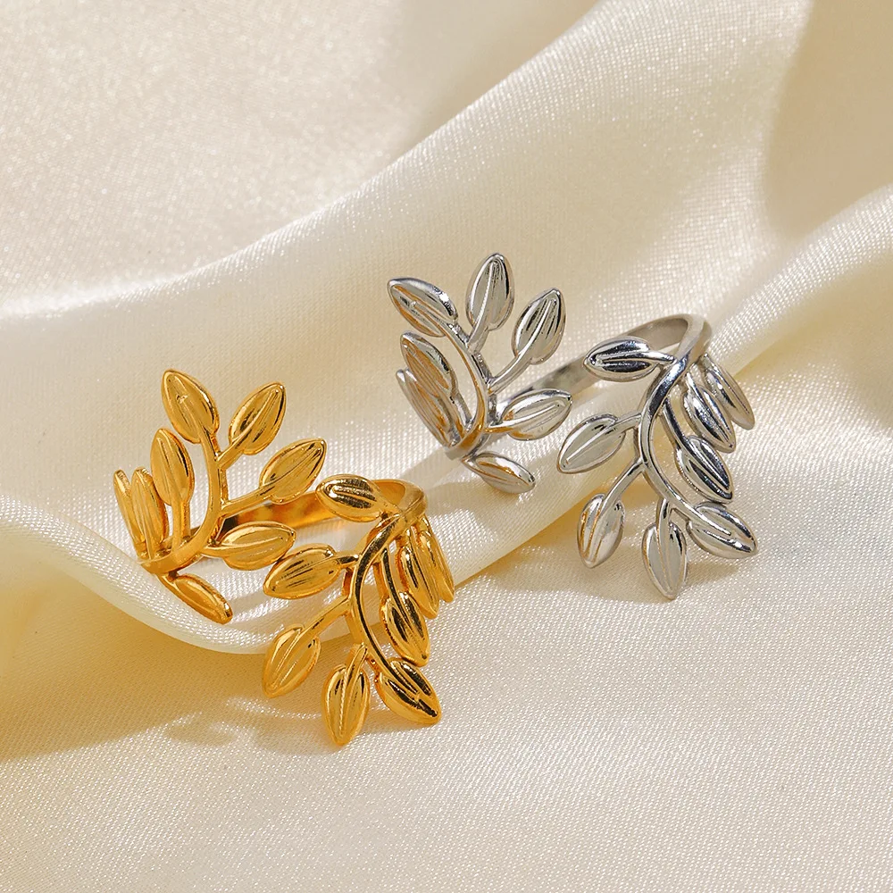2024 Luxury Exquisite Stainless Steel Leaf Ring Personality Non Tarnish 18k Gold Plated Leaf Opening Rings For Women
