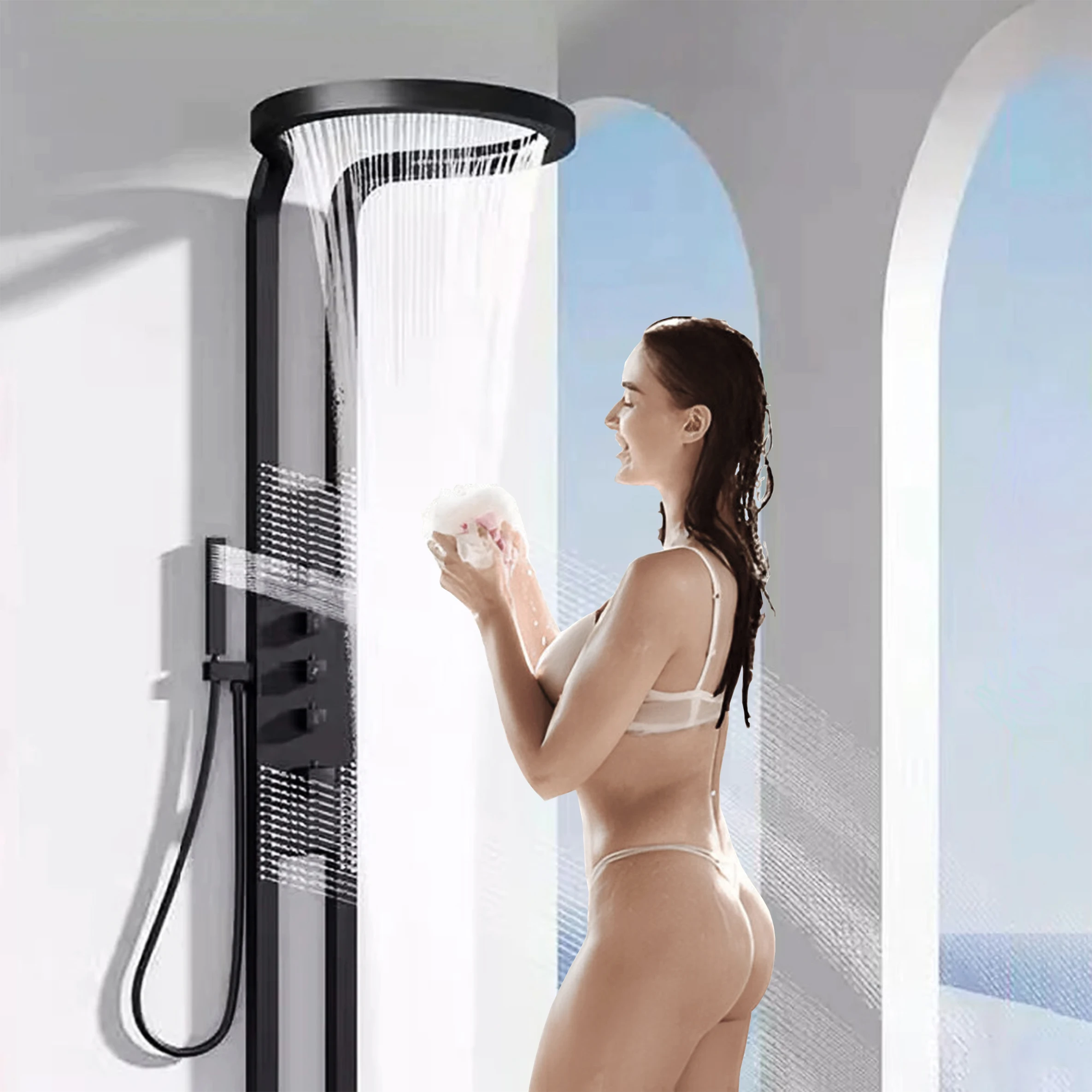 Rainfall Waterfall Black Digital Thermostatic Shower Set Bathroom Brass Mixer Hot Cold Faucet Soft Jet Spray Villas Apartments