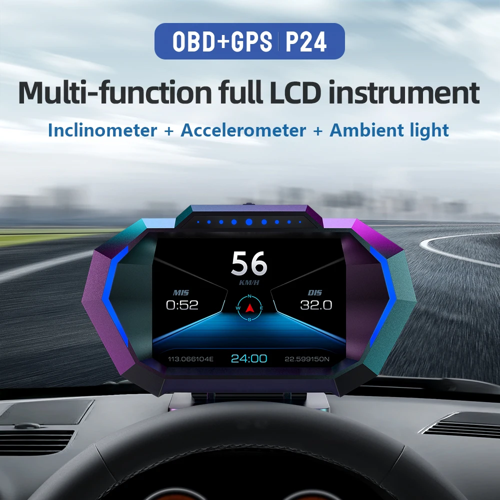 P24 Car Head-Up Display HUD LCD OBD GPS Speedometer LED Display Type for Water Temperature Fuel Consumption Speed Motorcycles