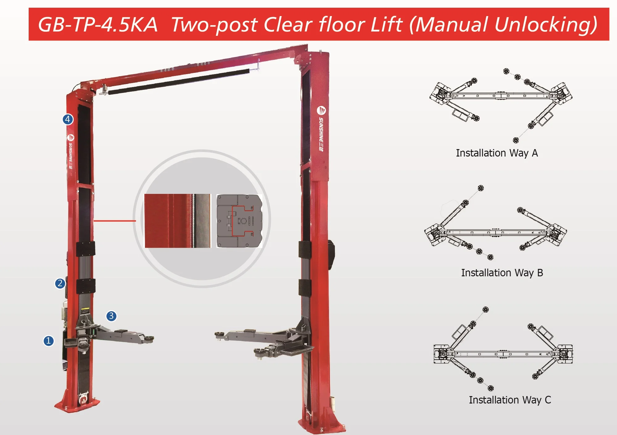 SUNSHINE 2 post lifter,  2 post lift ,hydraulic hoist  with  CE