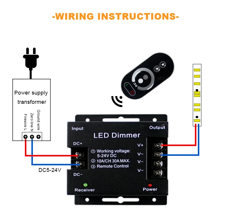 12v 24v monochrome 6 keys touch RF wireless remote control single color led strip brightness PWM dimmer led controller