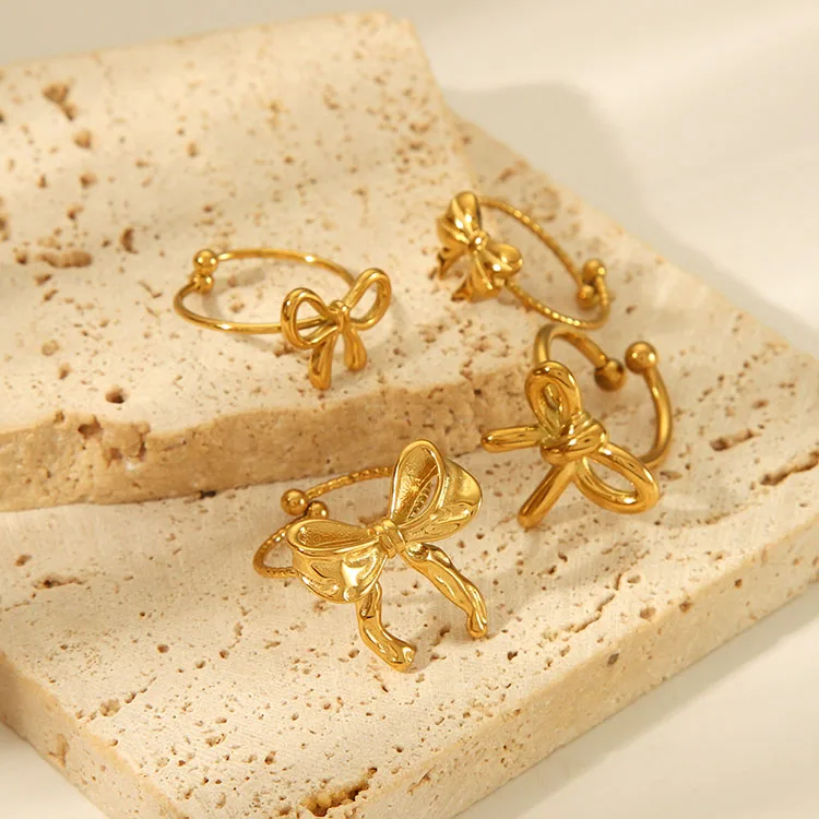 G2858 Wholesale Anillos Acero Inoxidable Por Mayor Opening Bow Ring Stainless Steel 18K PVD Gold Plated Fashion Jewelry Rings