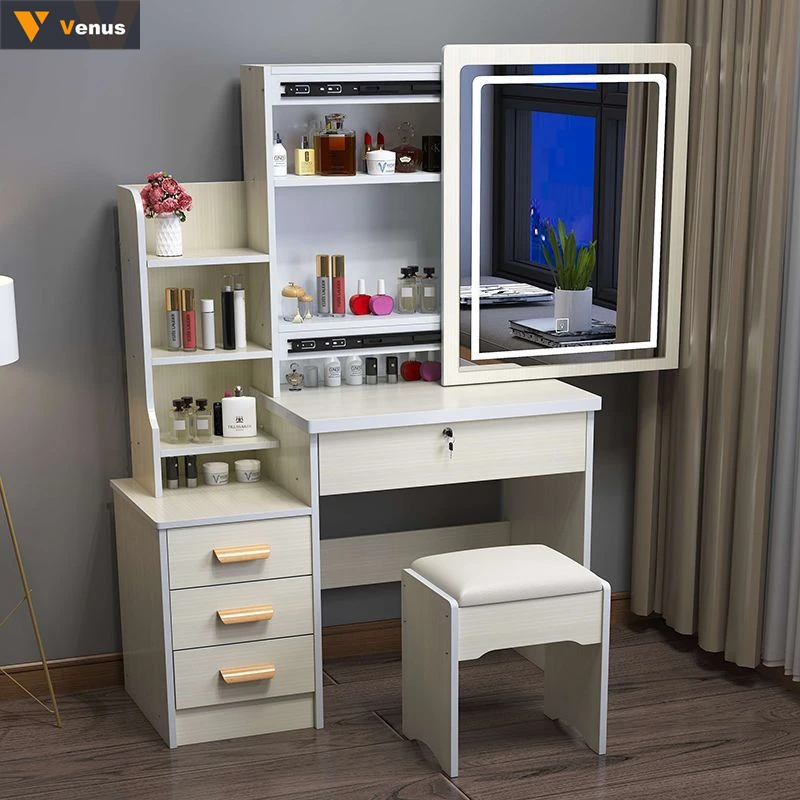 Durable Modern Light Up European Drawers Storage Dressers Nordic White Vanity Makeup Dressing Table With Mirror Lock And Stool
