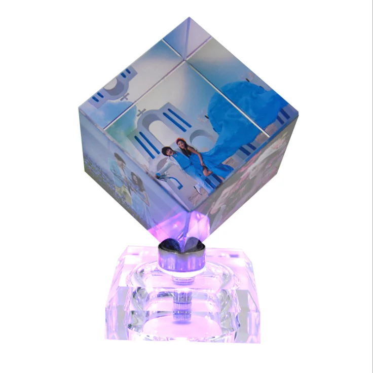 3d digital photo crystal glass cube with rotatable led colorful base personalized lovers image