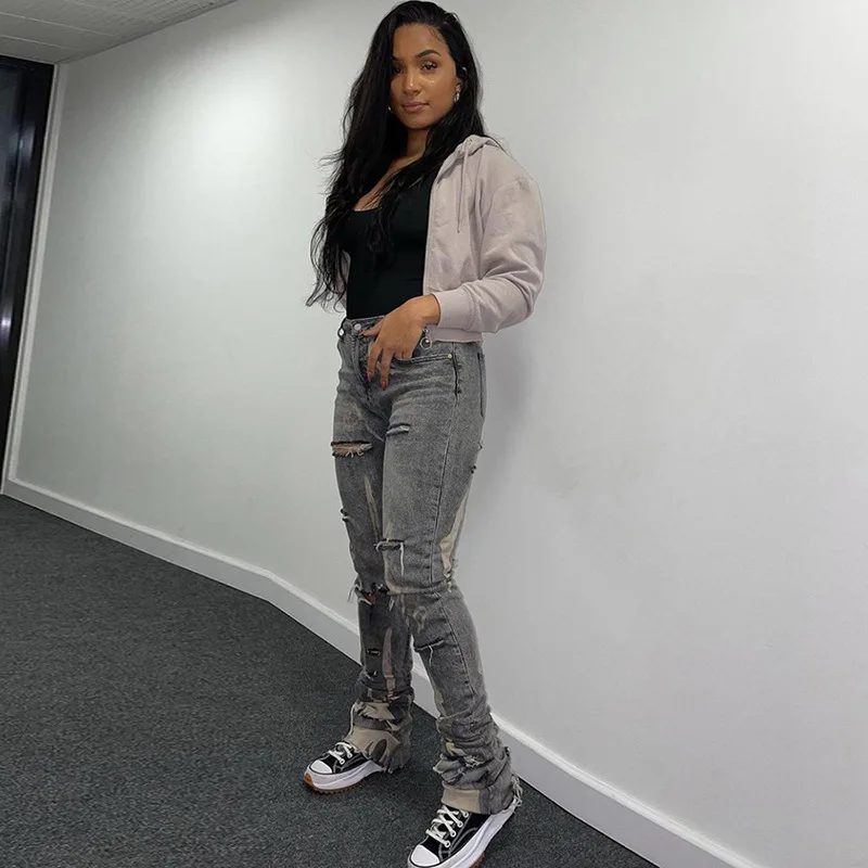 Spring Print Hole High Waist Streetwear Pencil Denim Pant Casual Fashion Women Jeans