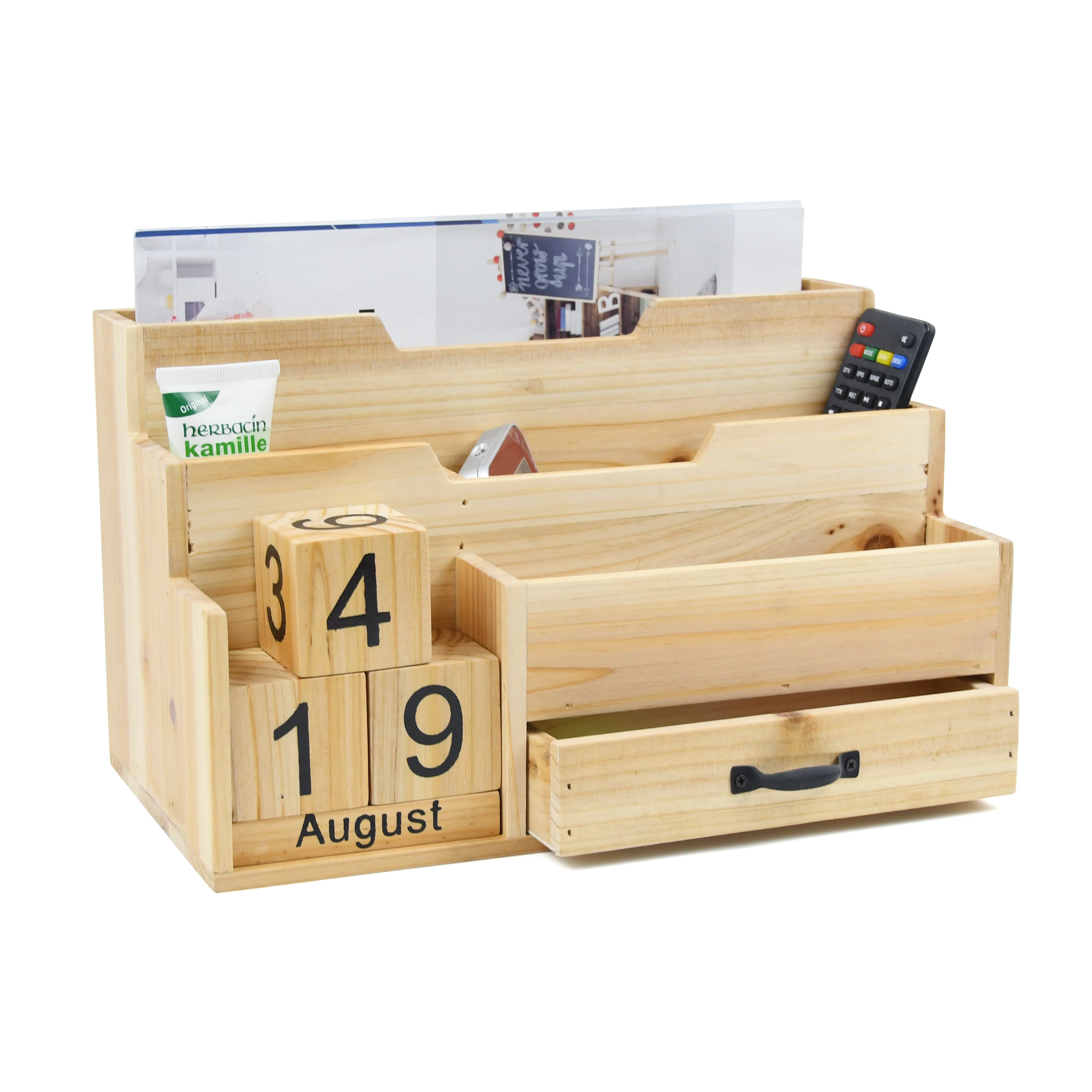 Wooden Mail Organizer Desktop Mail Sorter Countertop Organizer Cosmetic Storage Box with Block Calendar for Desktop and Office