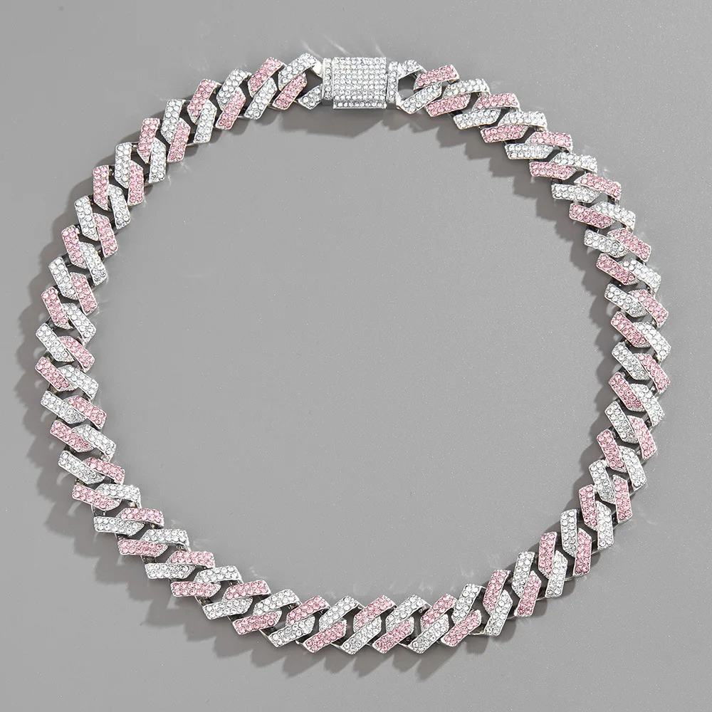 2021 Winter New15mm Hip Hop Color Necklace heavy link chain hiphop full diamond pink white Cuban chain