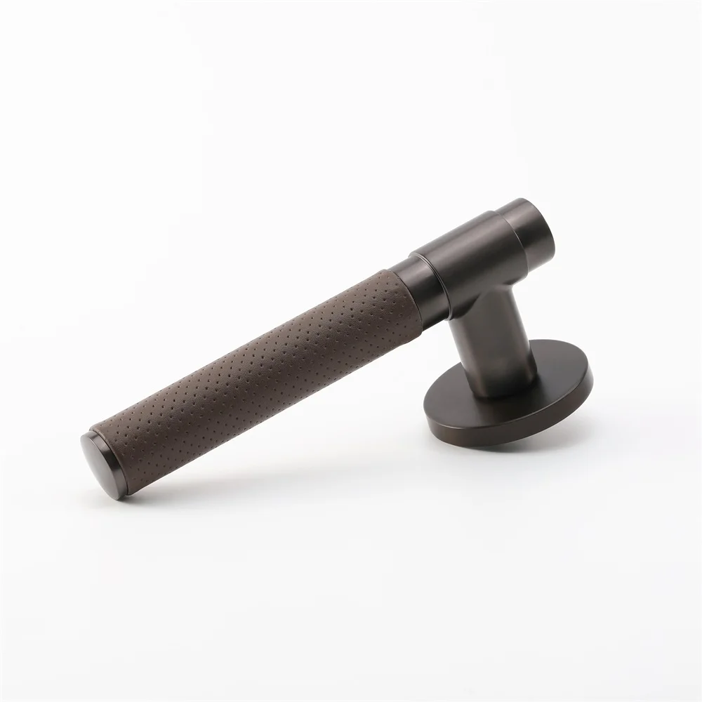 Maxery Coffee Lever Door Handle with Brown Leather Zinc Zamak Leather Door Handle Interior Door Hardware