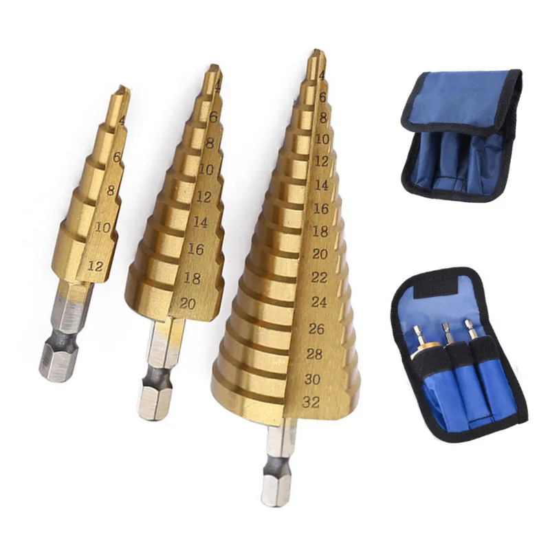 3Pcs Hexagon Shank Step Drill Sets 4-12mm 4-20mm 4-32mm High Speed Steel Straight Groove Drill Wood Metal Hole Cutter Drilling