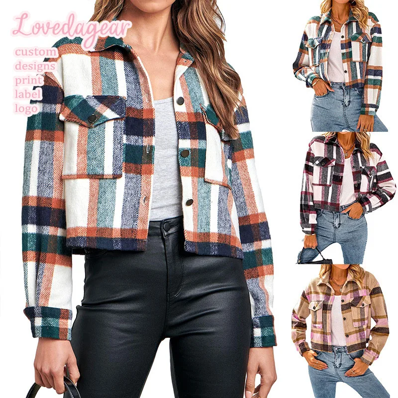 Loveda Wholesale Winter Outdoor Button up Cropped Plaid Shacket Long Sleeve Fleece Jackets Women Teddy Coat