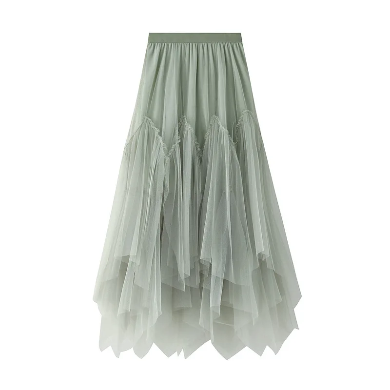 2024 Women Long Tulle Skirts Ladies High Waist Ankle-Length Tutu Maxi Skirts Beige Green Female irregular dress Femme