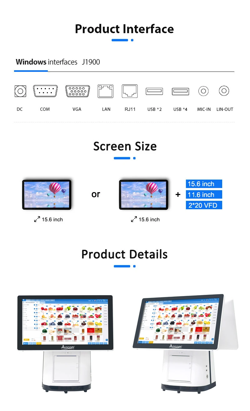 POS-L15 OCOM 15Inch Cheap Cashier Cash Register System with Scanner Windows All In One Pos Systems Machine