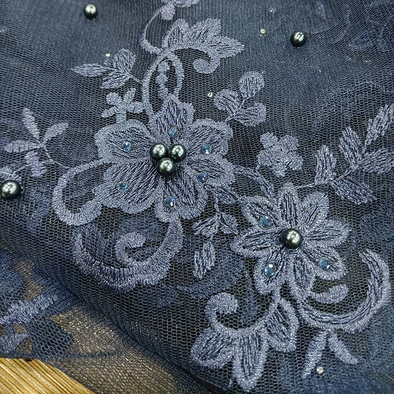 Blue 3D Flower Embroidered Lace Fabric With Pearl Rhinestone For Bridal Dress