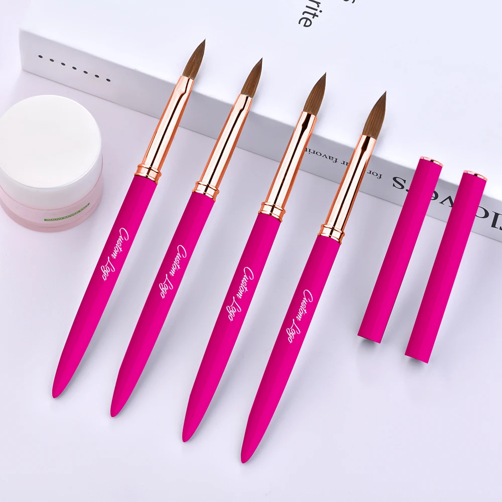 Luxury Hot Pink Professional Acrylic Powder Brush Metal Handle 100% Kolinsky Acrylic Nail Brush