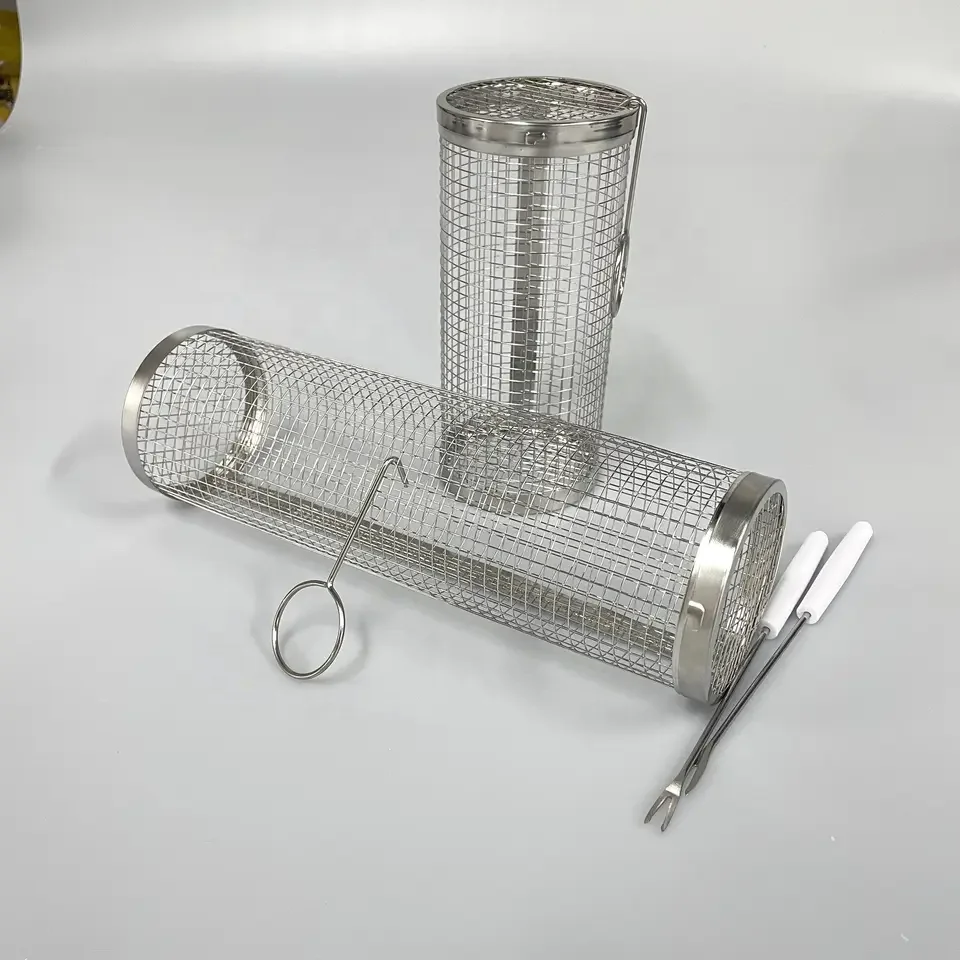 Portable BBQ Net Tube Barbecue Tube Rolling Grilling Stainless Steel Wire Mesh Cylinder Grill Basket