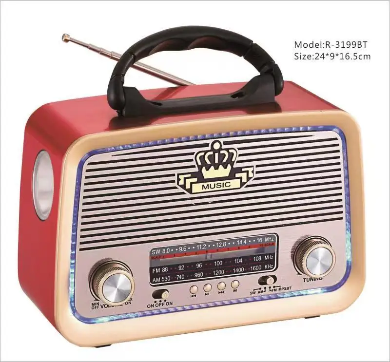 Stereo HiFi Speaker Rechargeable FM/AM/SW 3 Band Radio Retro Red Home Radio for USB TF BT Music Player with Torch & Disco Light