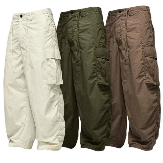 Plaid Line unisex long wide leg pants new pocket cargo sweatpants men women basic color oversized nylon windbreaker pants