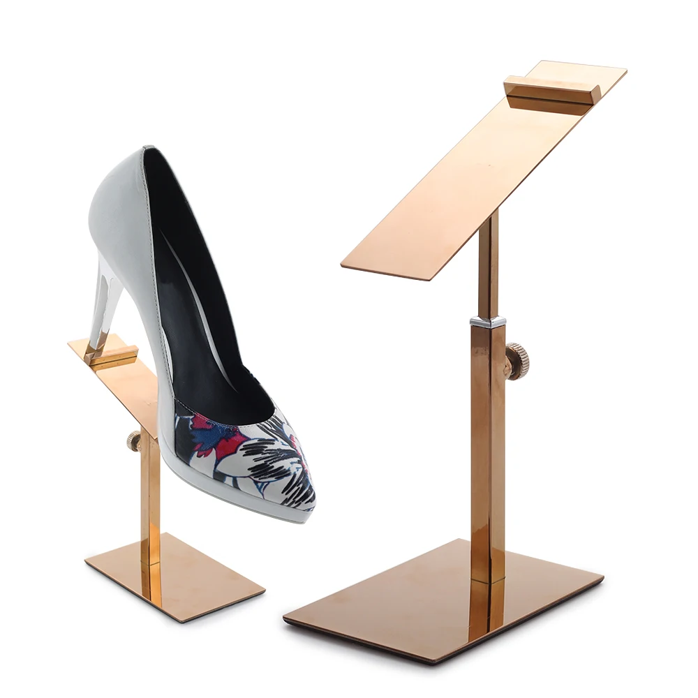 Luxury Retail Shoe Metal Stainless Steel Brushed Mirror Display stand Height Adjustable 1 Pair Shoes Display Stand Rack