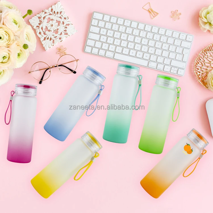 500Ml Sublimation Kids Water Bottle Glass Frosted Gradient Colorful Sublimation Water Bottle Blanks Bottle With Lids