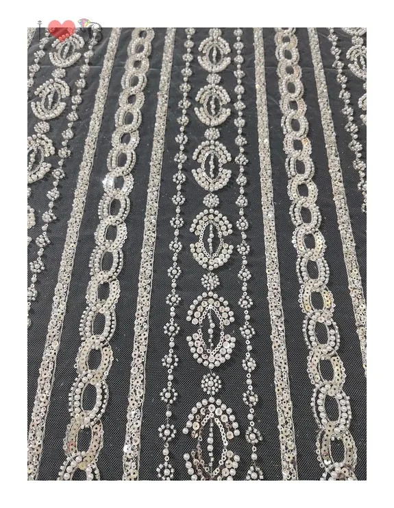 Dubai white good quality beads lace fabric for wedding gown