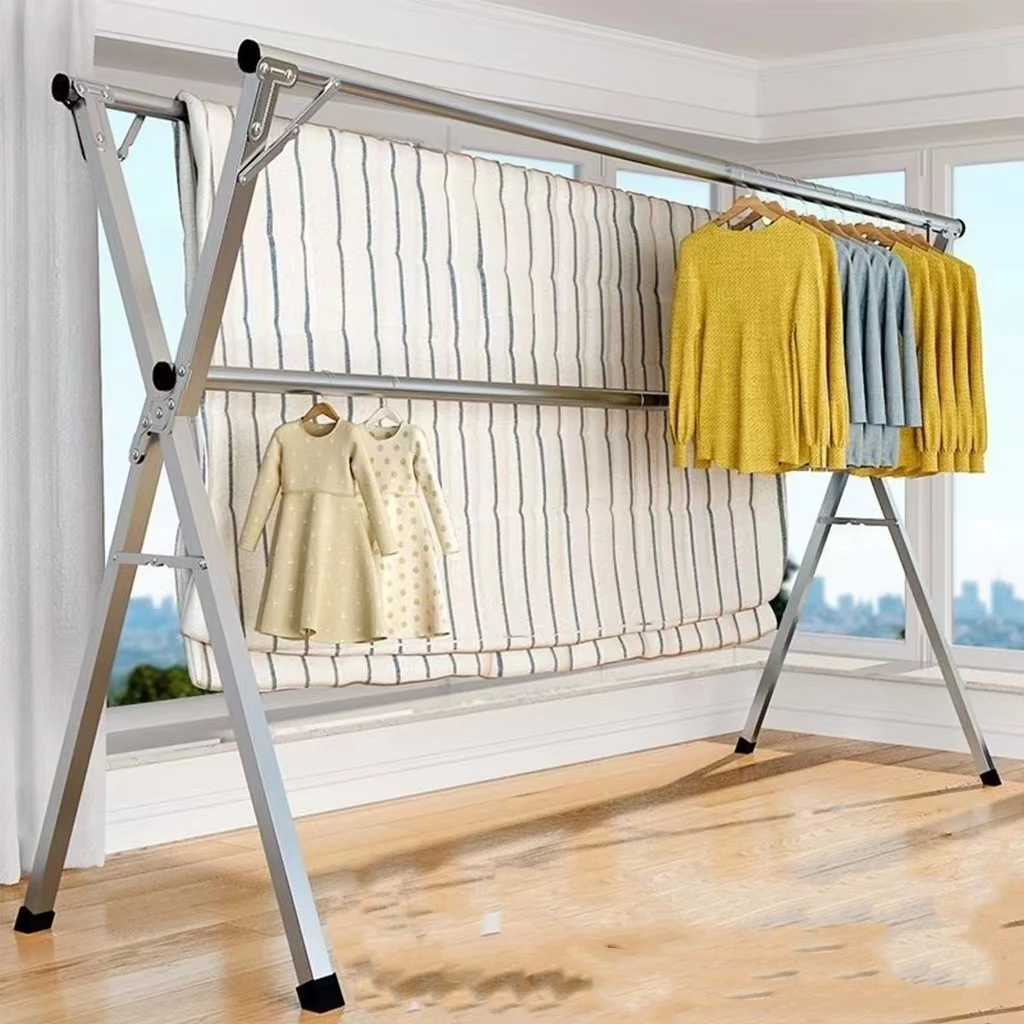 Double pole X Type Outdoor Folding Clothes Drying Rack Hanger Indoor steel clothes bedroom display rack