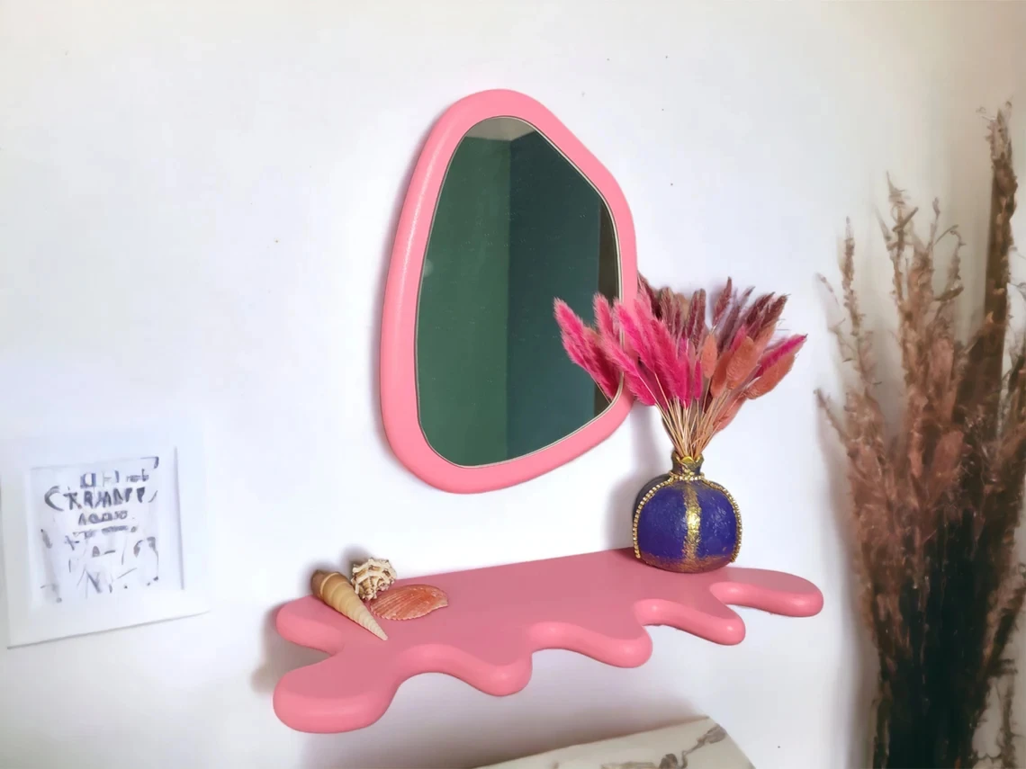 202409 Современная зеркальная волнистая полка и уникальная пышная красочная декор зеркало