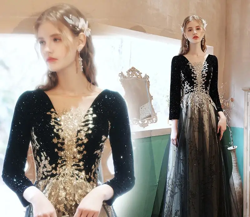 Modern Breathable V Neck Long Sleeves Open Back Design A Line Gold Stripe Decorated Black Floor Length Women Evening Dress