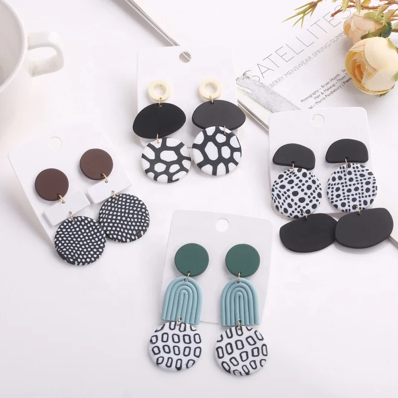 Exaggerate Geometric Polka Dots Handmade Polymer Clay Drop Earrings For Women Girls Irregular Graffiti Long Earring Jewelry