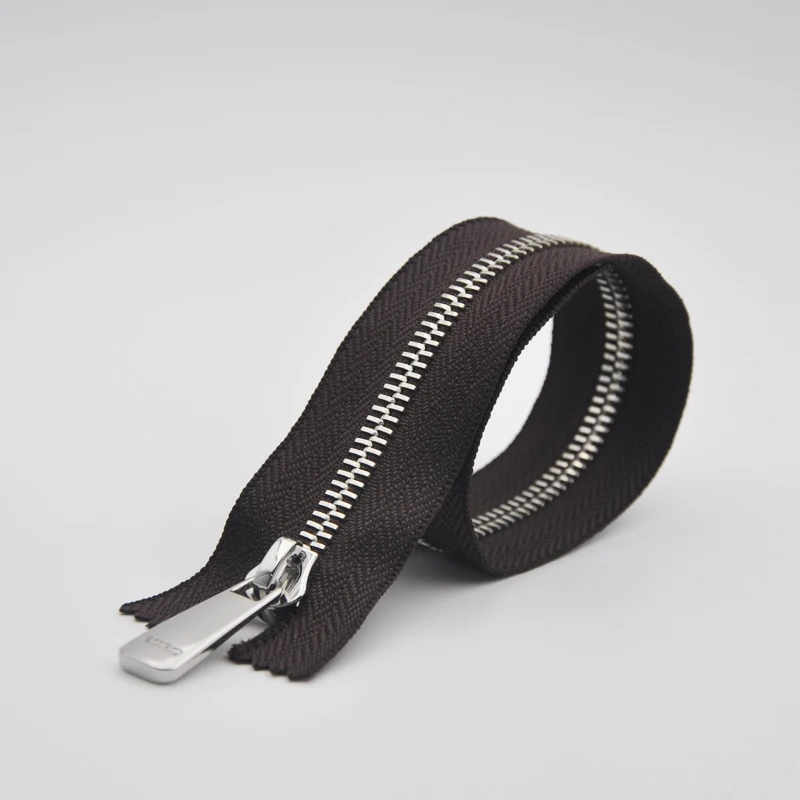 
Zipper Manufacture Helper Custom Logo High Quality #10 European Teeth Shine Nickel Long Chain Metal Baby Zippers With Black Tape 